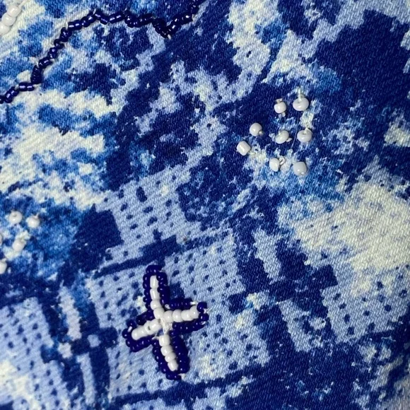 Chico's beaded artisan mixed-print cropped denim jacket blue & white Sz 2 (L/12) - Picture 8 of 15